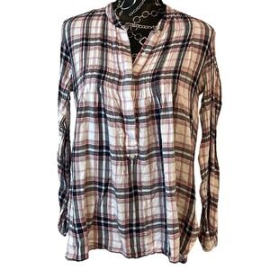 Plaid Tunic Shirt, Button Up Long Sleeve, Casual Flannel Style Top